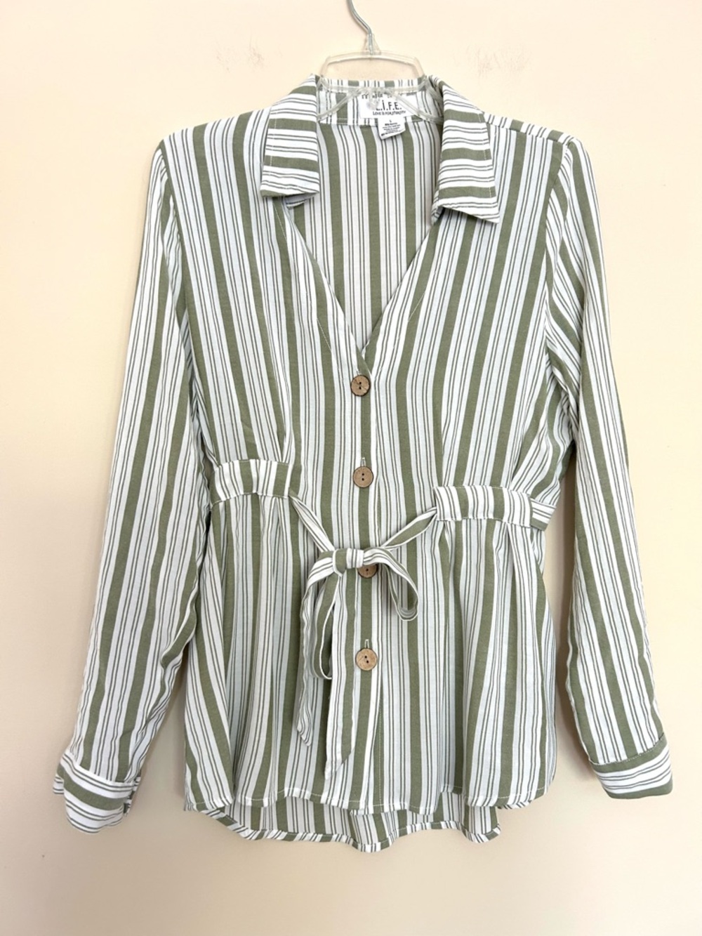 Lightweight Women’s Olive & White Stripe Tie-Waist Button Down Shirt